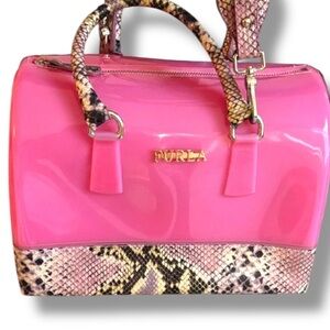 Furla Pink Candy Glossy Satchel Shoulder Bag Snake Leather Print Straps LTD ED